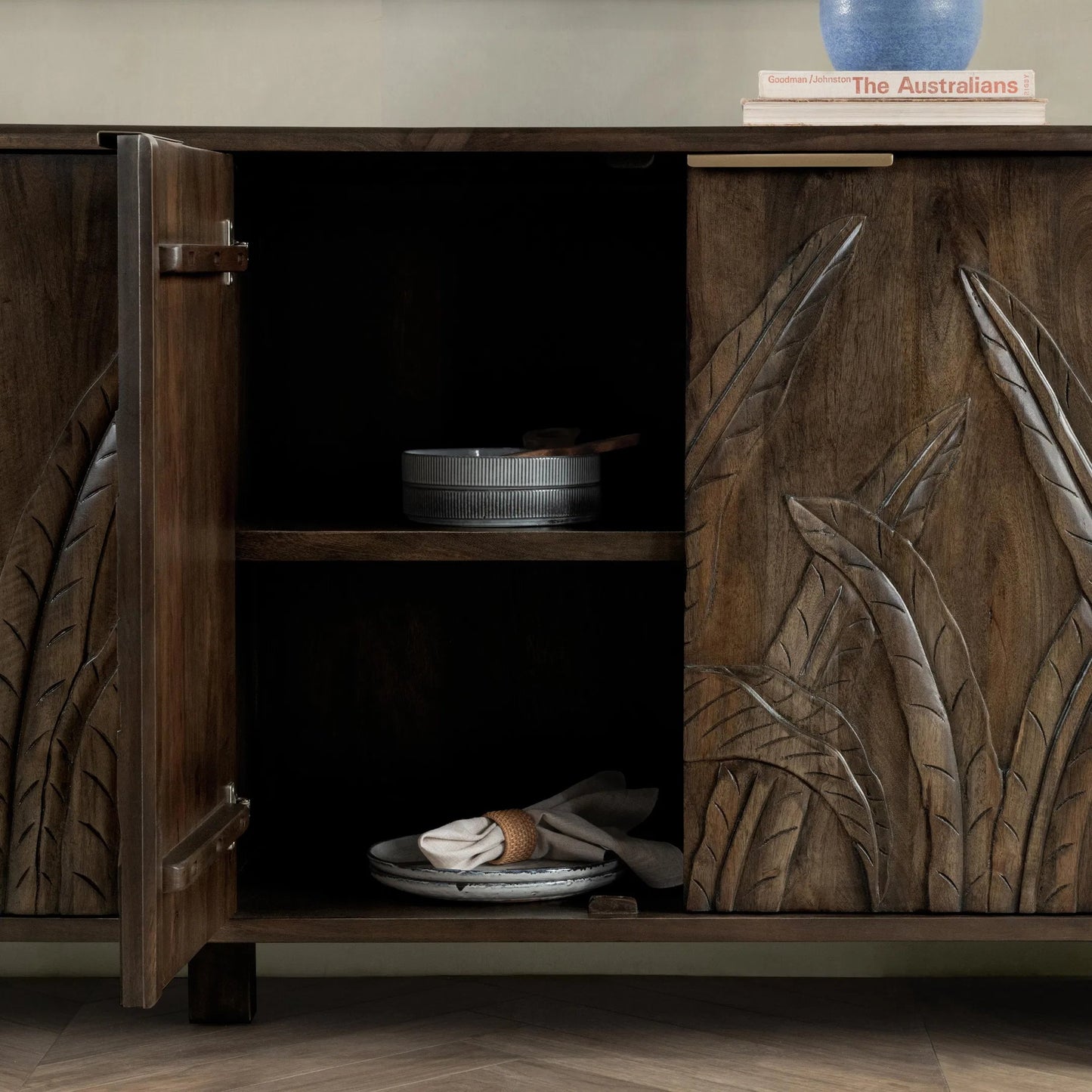 009 SI-2249251 | Closeup | Ledro Solid Wood Dark Brown Buffet Sideboard by Classic Home in dark brown. Made from mango wood in a traditional style.