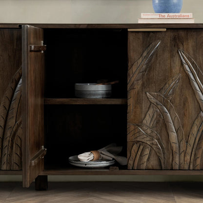 Ledro Solid Wood Dark Brown Buffet Sideboard by Classic Home in dark brown. Made from mango wood in a traditional style.