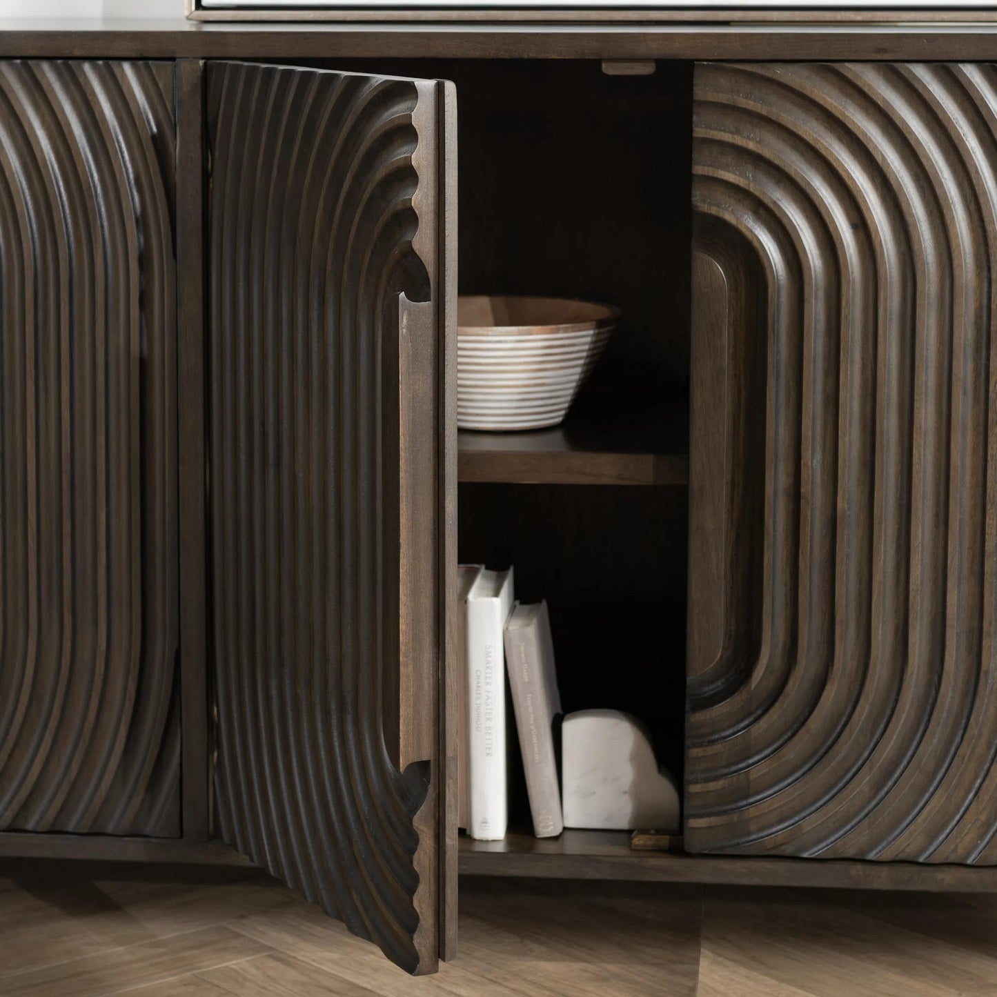 008 SI-2256331 | Closeup | Colson 4-Door Mango Wood Buffet Sideboard by Classic Home in coffee brown. Made from mango wood in a traditional style.