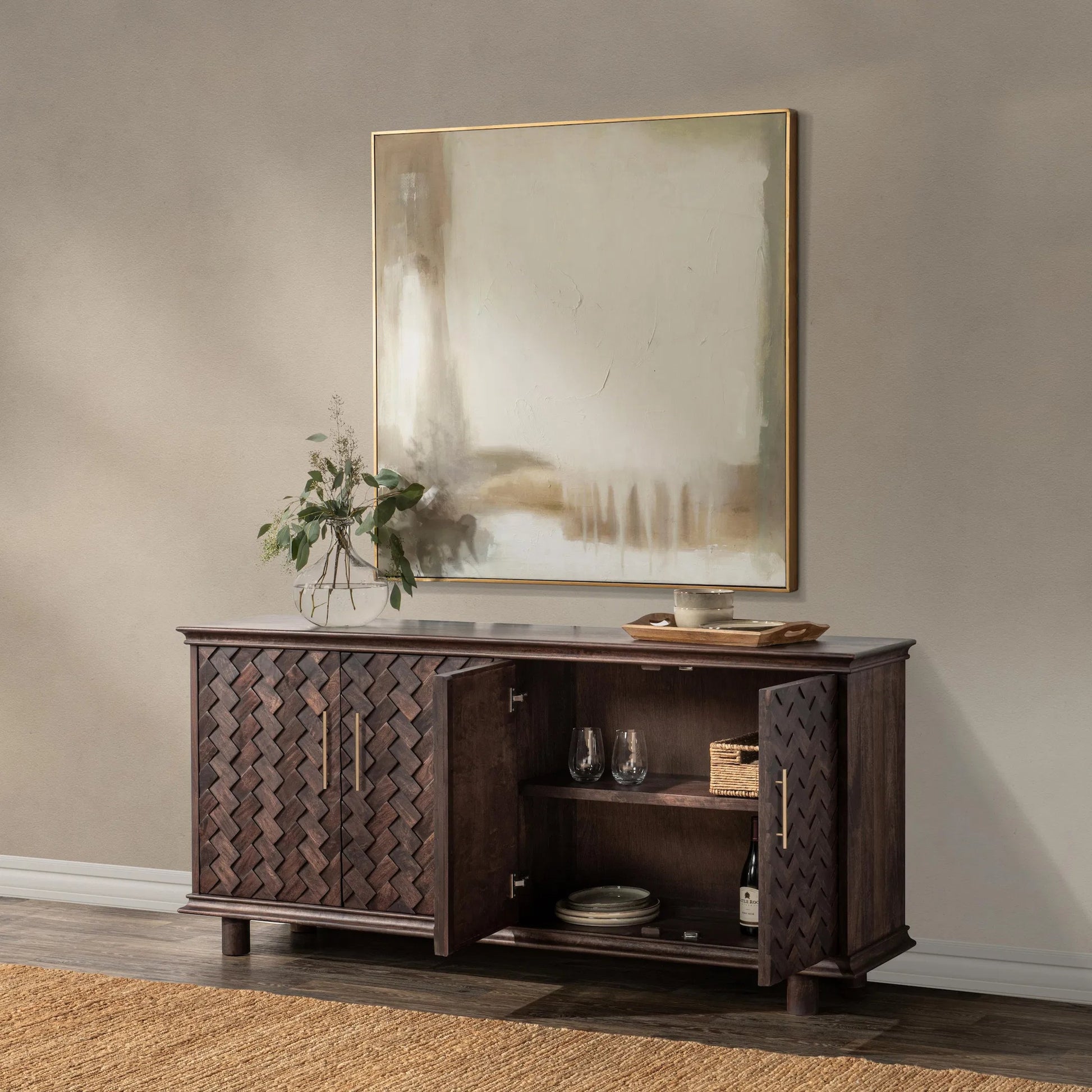 Shira Mango Wood Sideboard Buffet by Classic Home in brown. Made from mango wood in a traditional style.