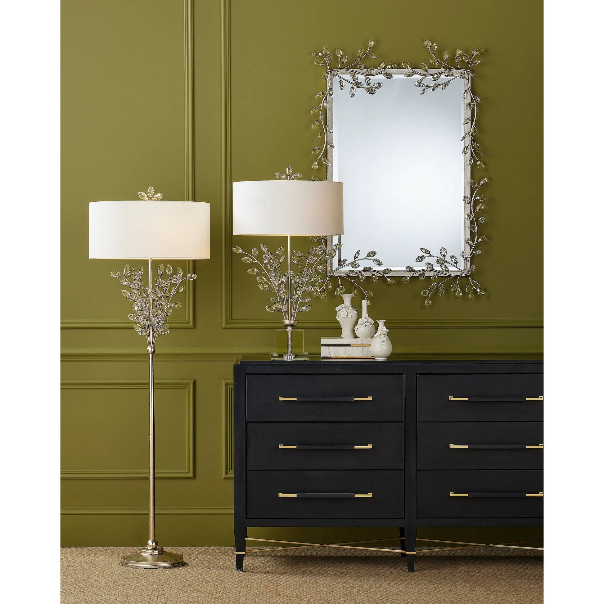 Forget-Me-Not Mirror by Currey and Company. Made from crystal, metal, glass in a modern style.