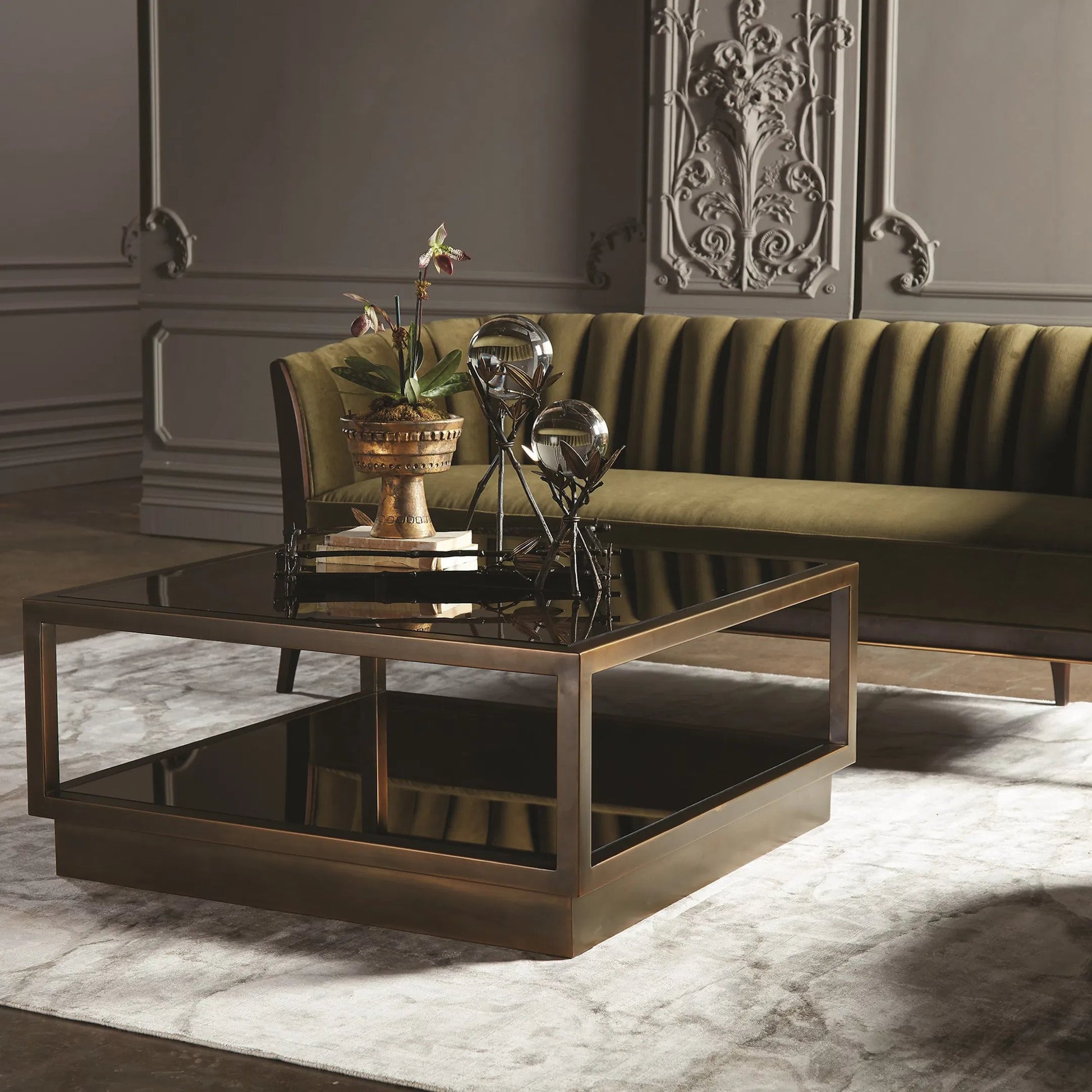 Channel Back Sofa by Global Views. Made from solid walnut, fabric, wood, 100% cotton, double rub: 50,000 in a modern style.
