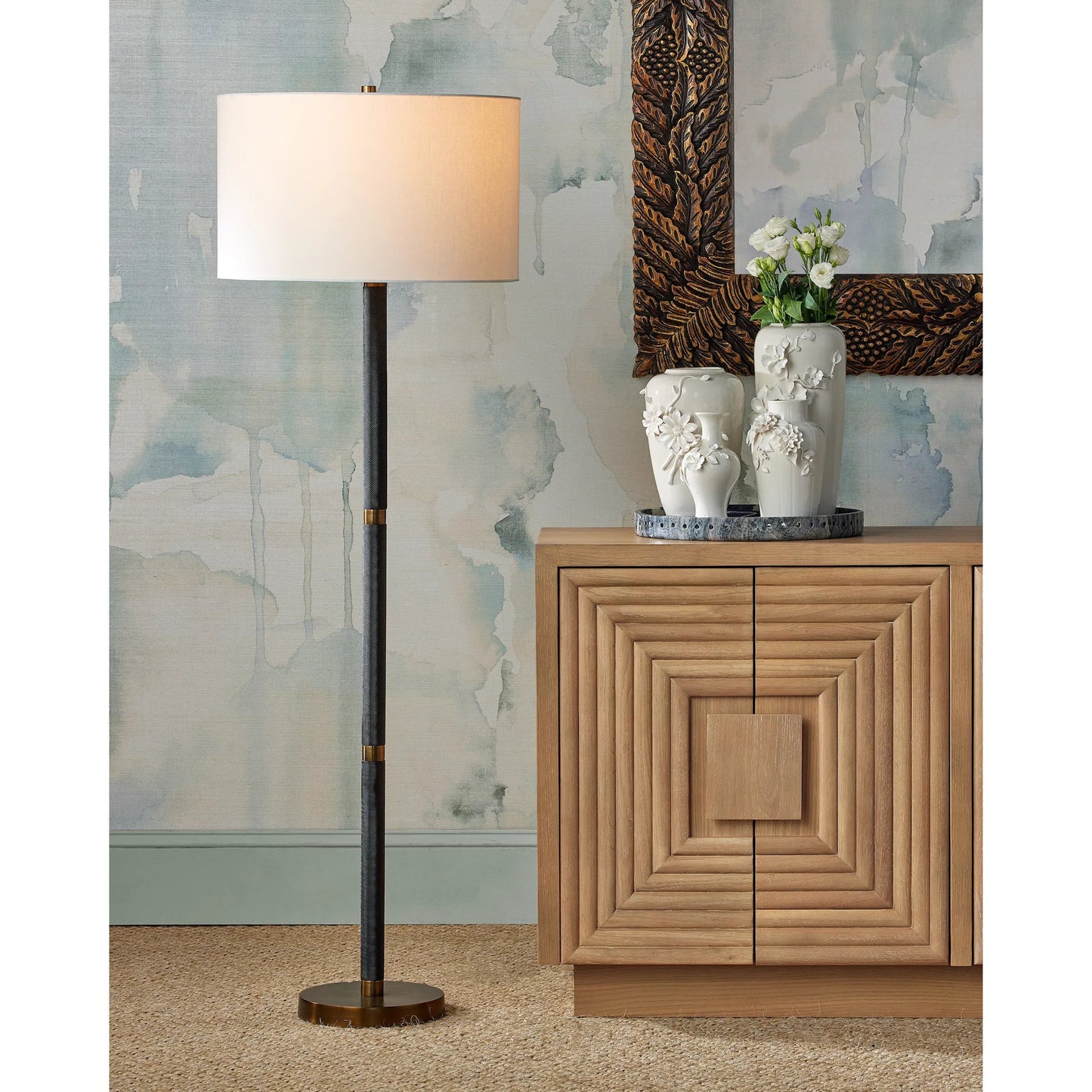 005 SI-2524315 | Lifestyle | Gavin Floor Lamp by Currey and Company in brass antique, matte black. Made from aluminum in a modern style.