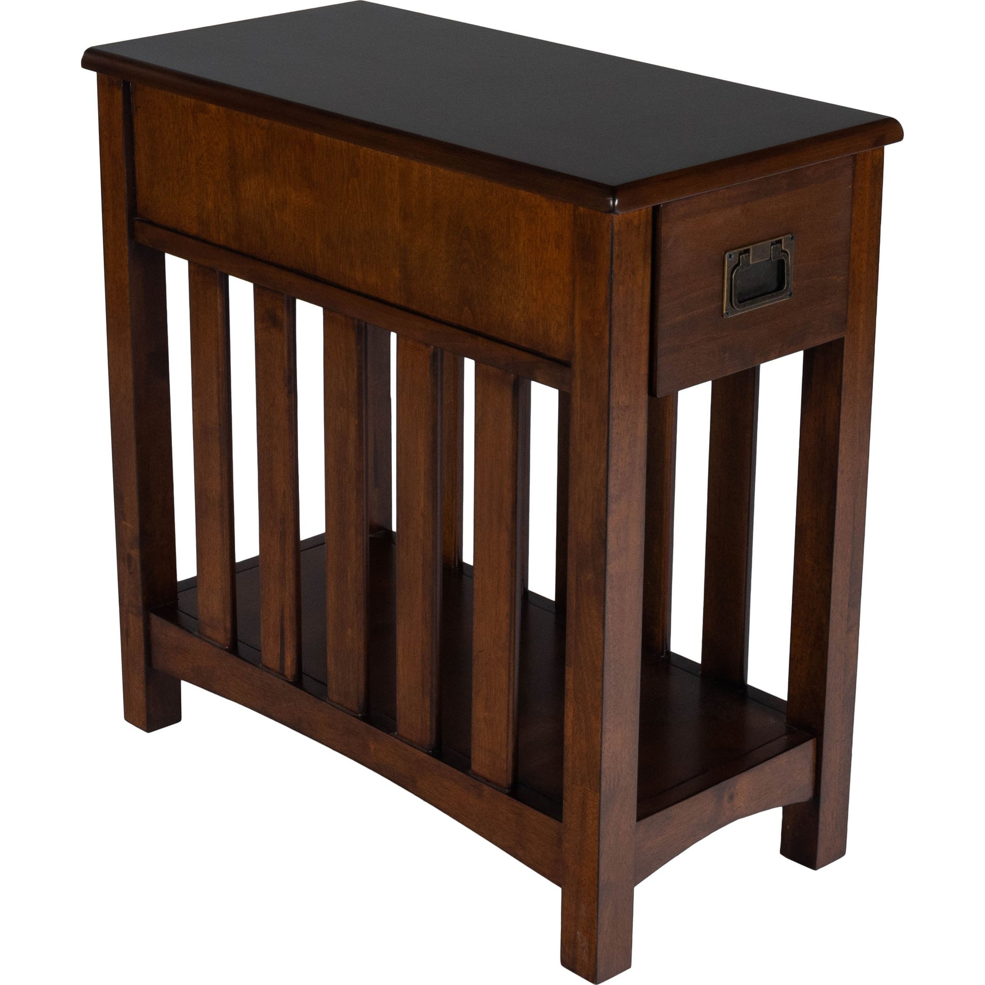 Larina Shaker Wood Chairside Table by Butler Specialty Company in dark brown and plantation cherry. Made from rubberwood solids, birch veneers, mdf, steel, antique dark bronze finish in a transitional style.