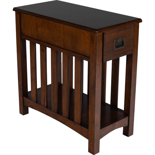 Larina Shaker Wood Chairside Table by Butler Specialty Company in dark brown and plantation cherry. Made from rubberwood solids, birch veneers, mdf, steel, antique dark bronze finish in a transitional style.