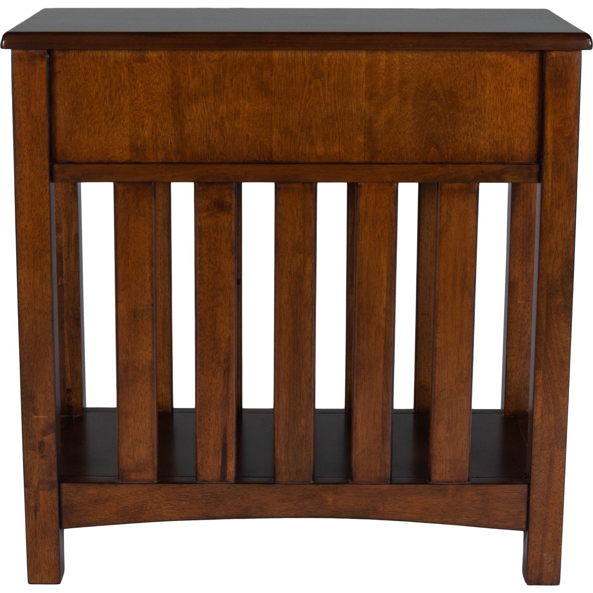 Larina Shaker Wood Chairside Table by Butler Specialty Company in dark brown and plantation cherry. Made from rubberwood solids, birch veneers, mdf, steel, antique dark bronze finish in a transitional style.