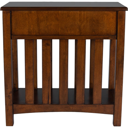 Larina Shaker Wood Chairside Table by Butler Specialty Company in dark brown and plantation cherry. Made from rubberwood solids, birch veneers, mdf, steel, antique dark bronze finish in a transitional style.