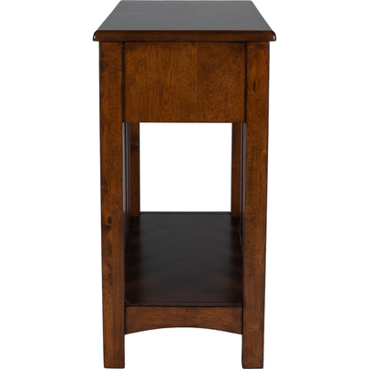 Larina Shaker Wood Chairside Table by Butler Specialty Company in dark brown and plantation cherry. Made from rubberwood solids, birch veneers, mdf, steel, antique dark bronze finish in a transitional style.