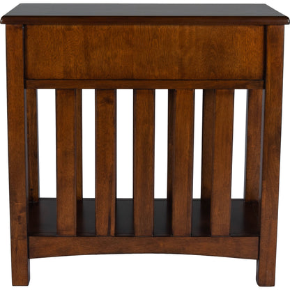 Larina Shaker Wood Chairside Table by Butler Specialty Company in dark brown and plantation cherry. Made from rubberwood solids, birch veneers, mdf, steel, antique dark bronze finish in a transitional style.