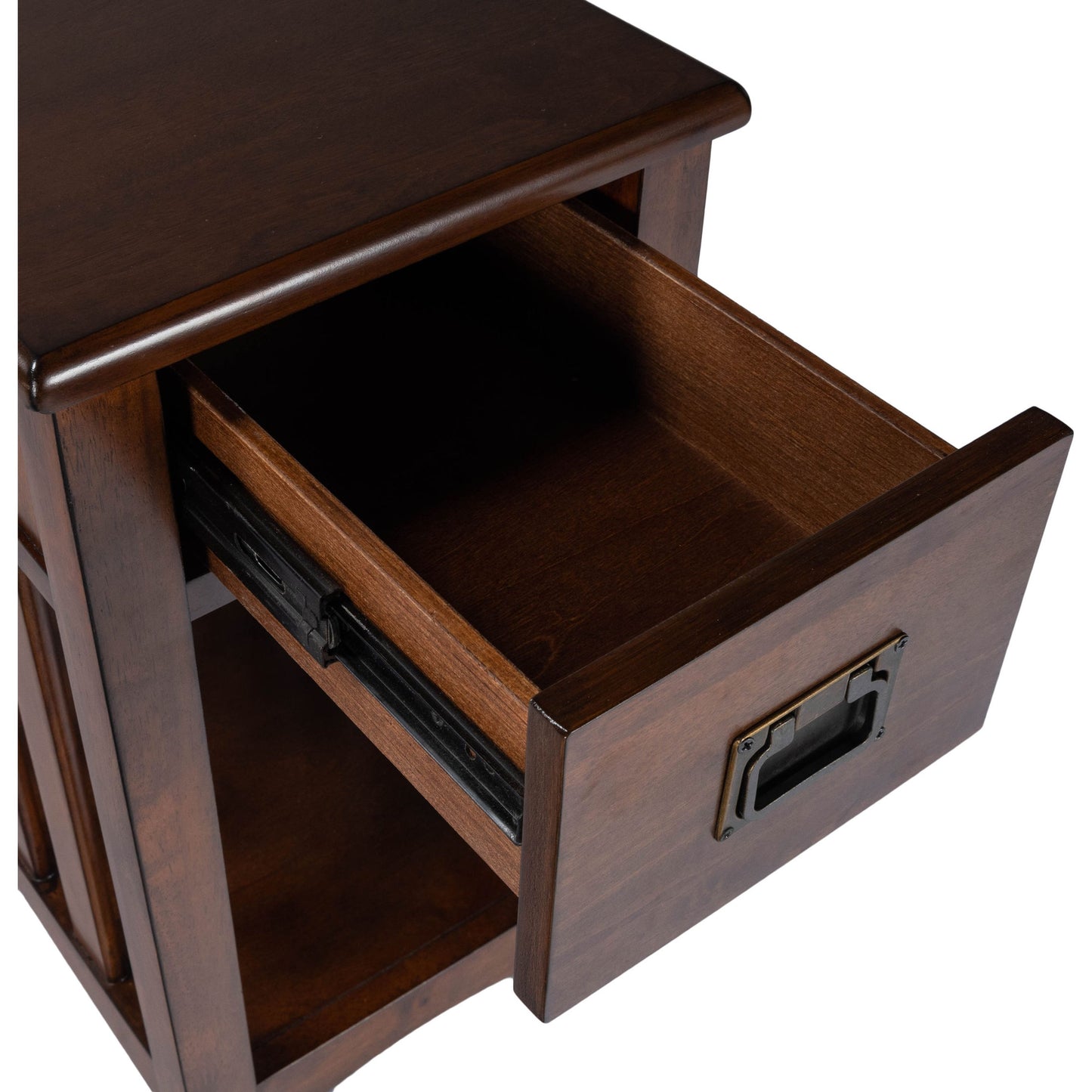 006 SR-770478 | Additional Silo | Larina Shaker Wood Chairside Table by Butler Specialty Company in dark brown and plantation cherry. Made from rubberwood solids, birch veneers, mdf, steel, antique dark bronze finish in a transitional style.
