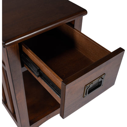 Larina Shaker Wood Chairside Table by Butler Specialty Company in dark brown and plantation cherry. Made from rubberwood solids, birch veneers, mdf, steel, antique dark bronze finish in a transitional style.