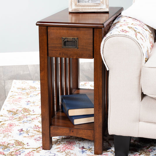 Larina Shaker Wood Chairside Table by Butler Specialty Company in dark brown and plantation cherry. Made from rubberwood solids, birch veneers, mdf, steel, antique dark bronze finish in a transitional style.