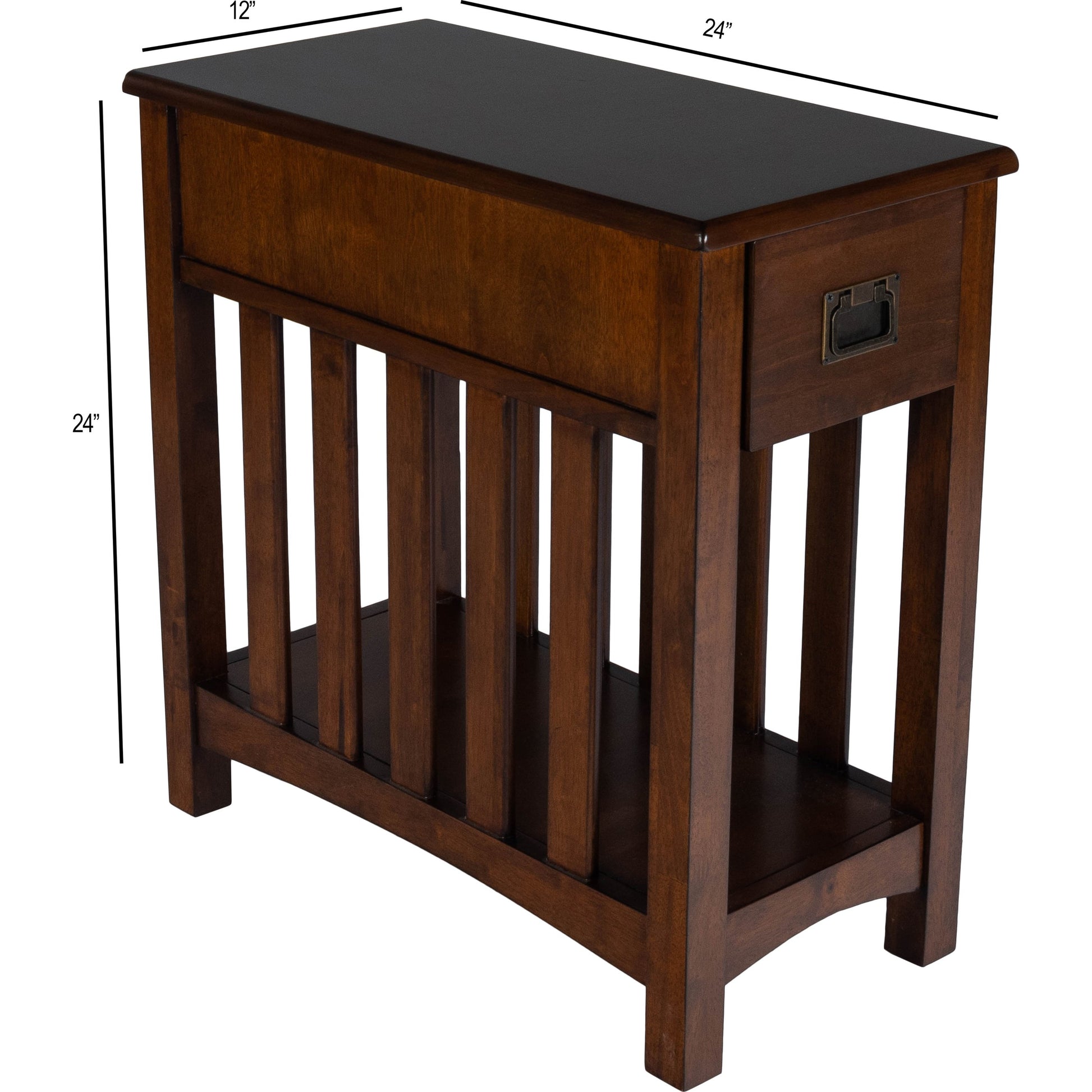 Larina Shaker Wood Chairside Table by Butler Specialty Company in dark brown and plantation cherry. Made from rubberwood solids, birch veneers, mdf, steel, antique dark bronze finish in a transitional style.