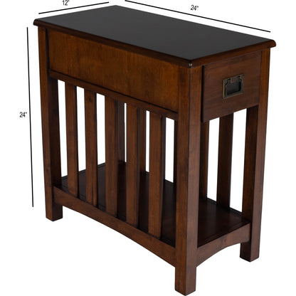 Larina Shaker Wood Chairside Table by Butler Specialty Company in dark brown and plantation cherry. Made from rubberwood solids, birch veneers, mdf, steel, antique dark bronze finish in a transitional style.