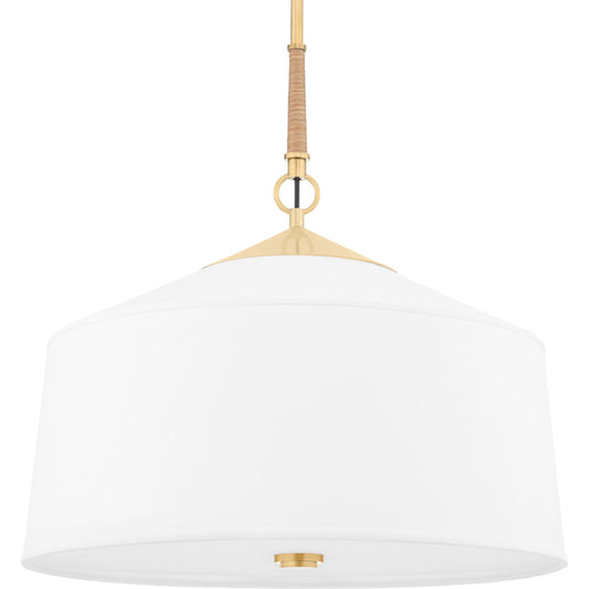 White Plains Pendant by Hudson Valley in aged brass. Made from steel in a transitional style.
