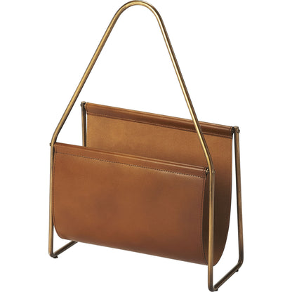 Rupert Leather Magazine Basket by Butler Specialty Company in medium brown and brown leather. Made from iron (antique brass finish), leather, polysuede interior in a rustic style.