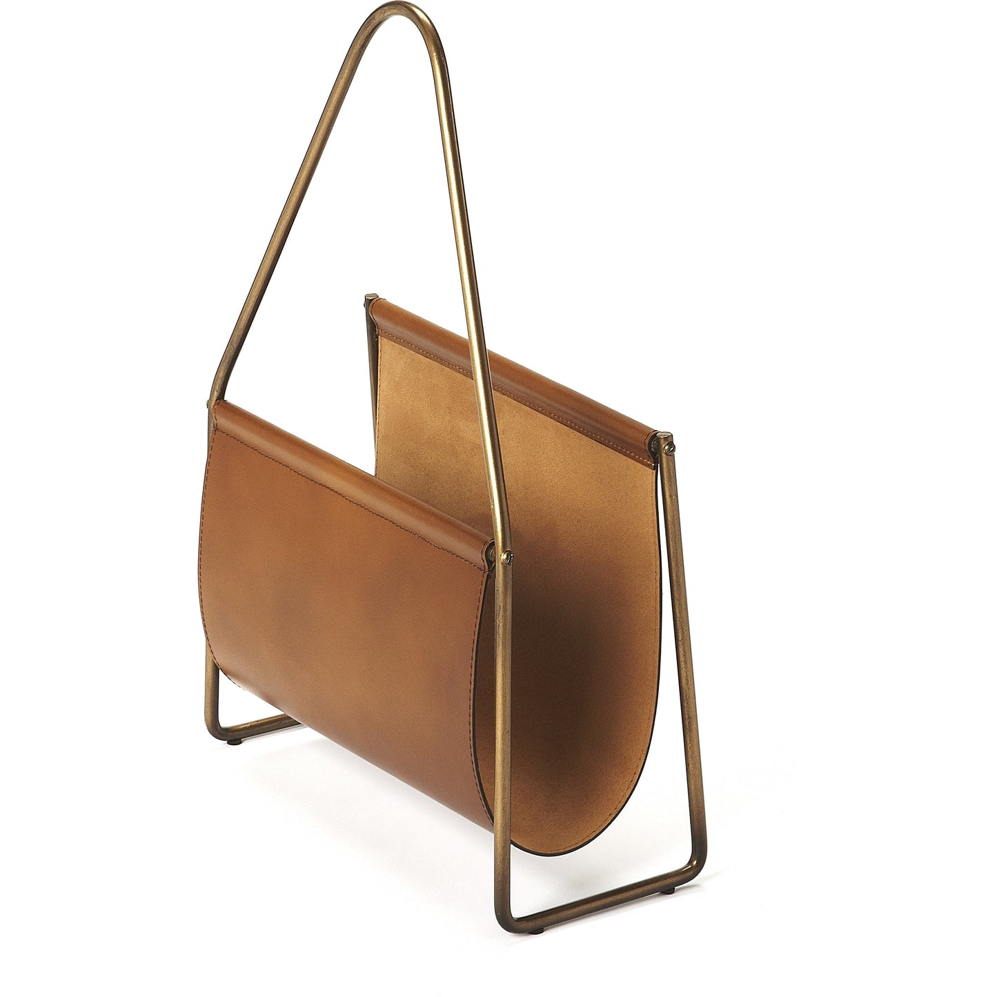 002 S-346370 | Additional Silo | Rupert Leather Magazine Basket by Butler Specialty Company in medium brown and brown leather. Made from iron (antique brass finish), leather, polysuede interior in a rustic style.