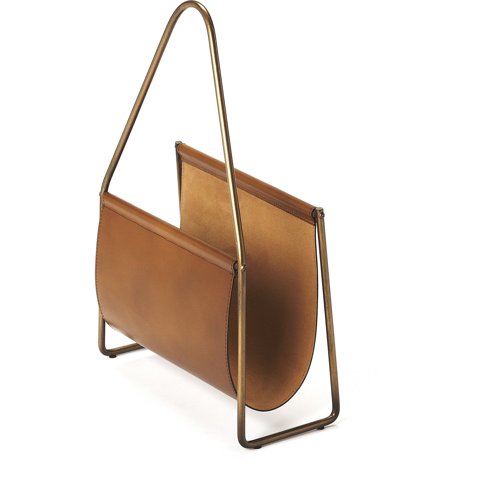 Rupert Leather Magazine Basket by Butler Specialty Company in medium brown and brown leather. Made from iron (antique brass finish), leather, polysuede interior in a rustic style.