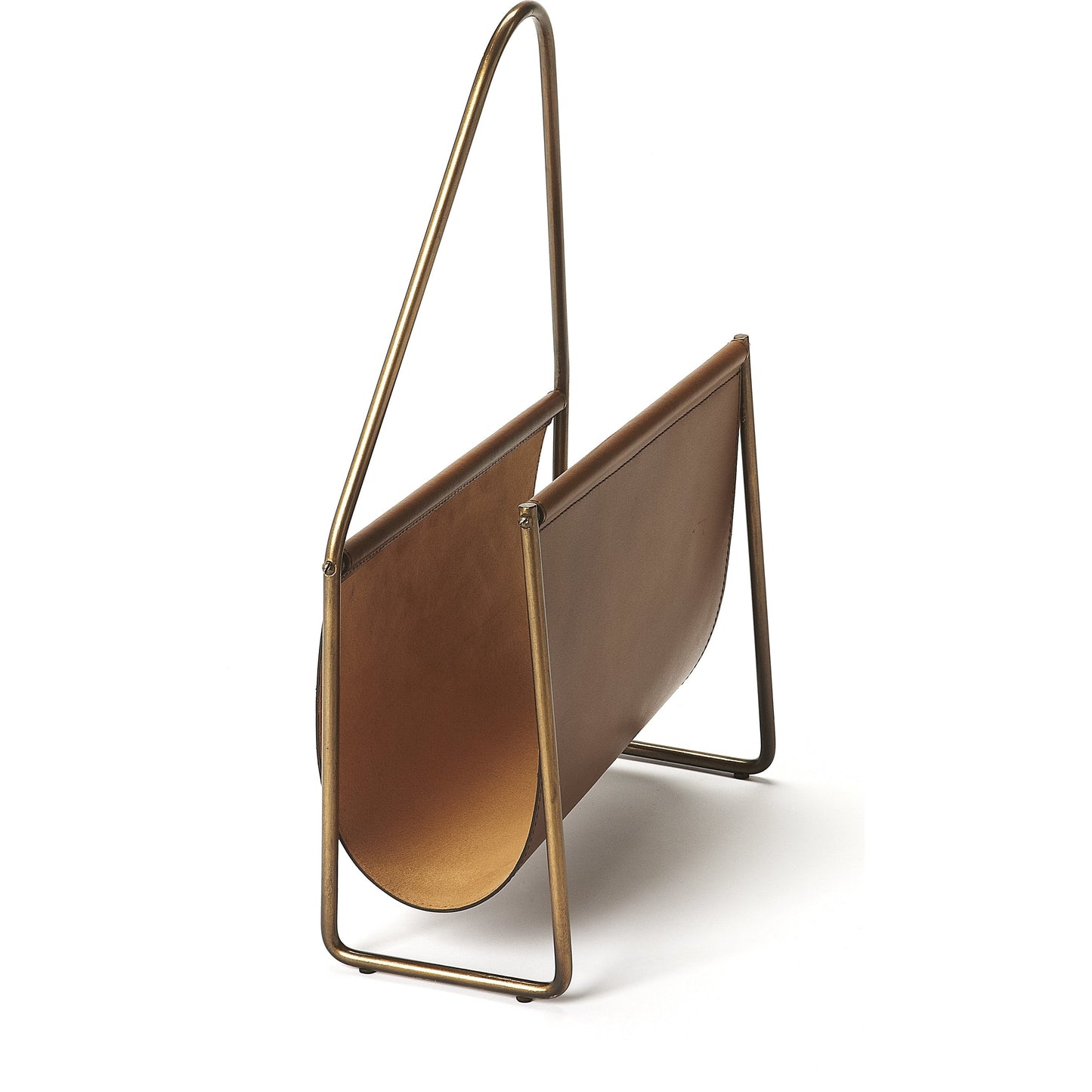 005 S-346370 | Additional Silo | Rupert Leather Magazine Basket by Butler Specialty Company in medium brown and brown leather. Made from iron (antique brass finish), leather, polysuede interior in a rustic style.