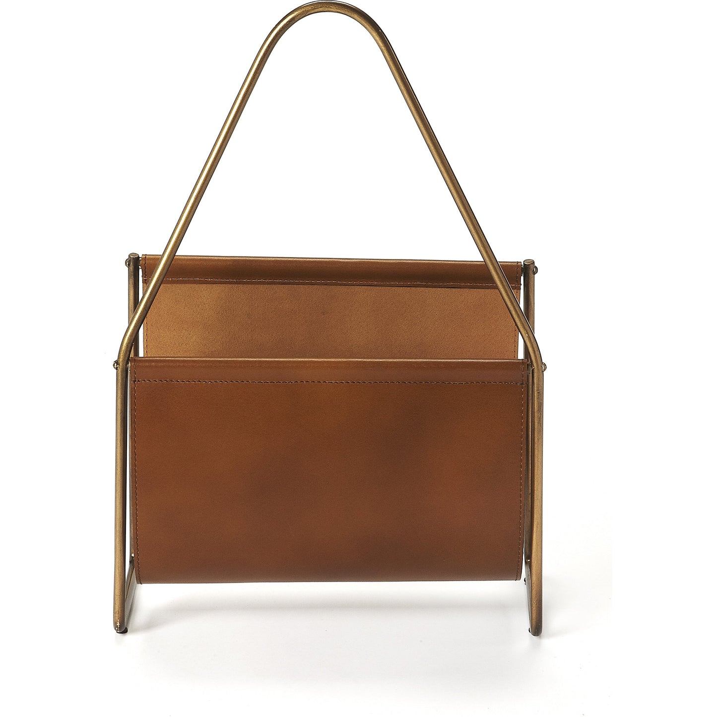 004 S-346370 | Additional Silo | Rupert Leather Magazine Basket by Butler Specialty Company in medium brown and brown leather. Made from iron (antique brass finish), leather, polysuede interior in a rustic style.