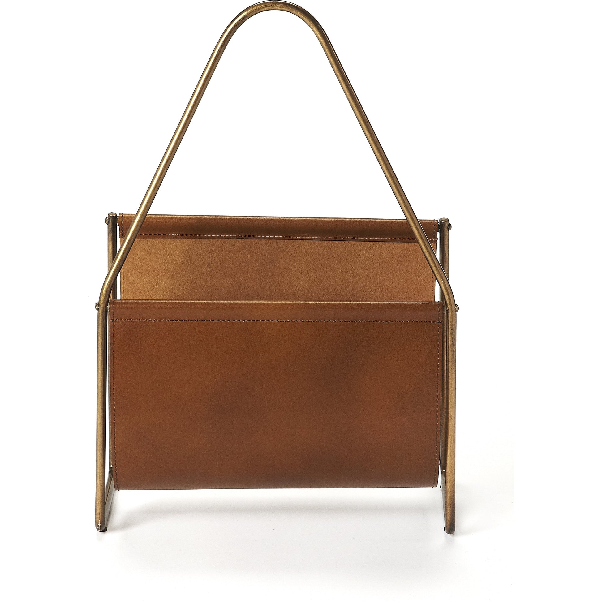 Rupert Leather Magazine Basket by Butler Specialty Company in medium brown and brown leather. Made from iron (antique brass finish), leather, polysuede interior in a rustic style.