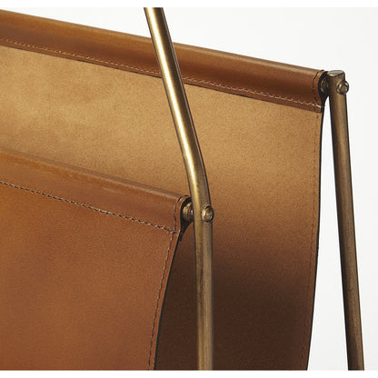 Rupert Leather Magazine Basket by Butler Specialty Company in medium brown and brown leather. Made from iron (antique brass finish), leather, polysuede interior in a rustic style.