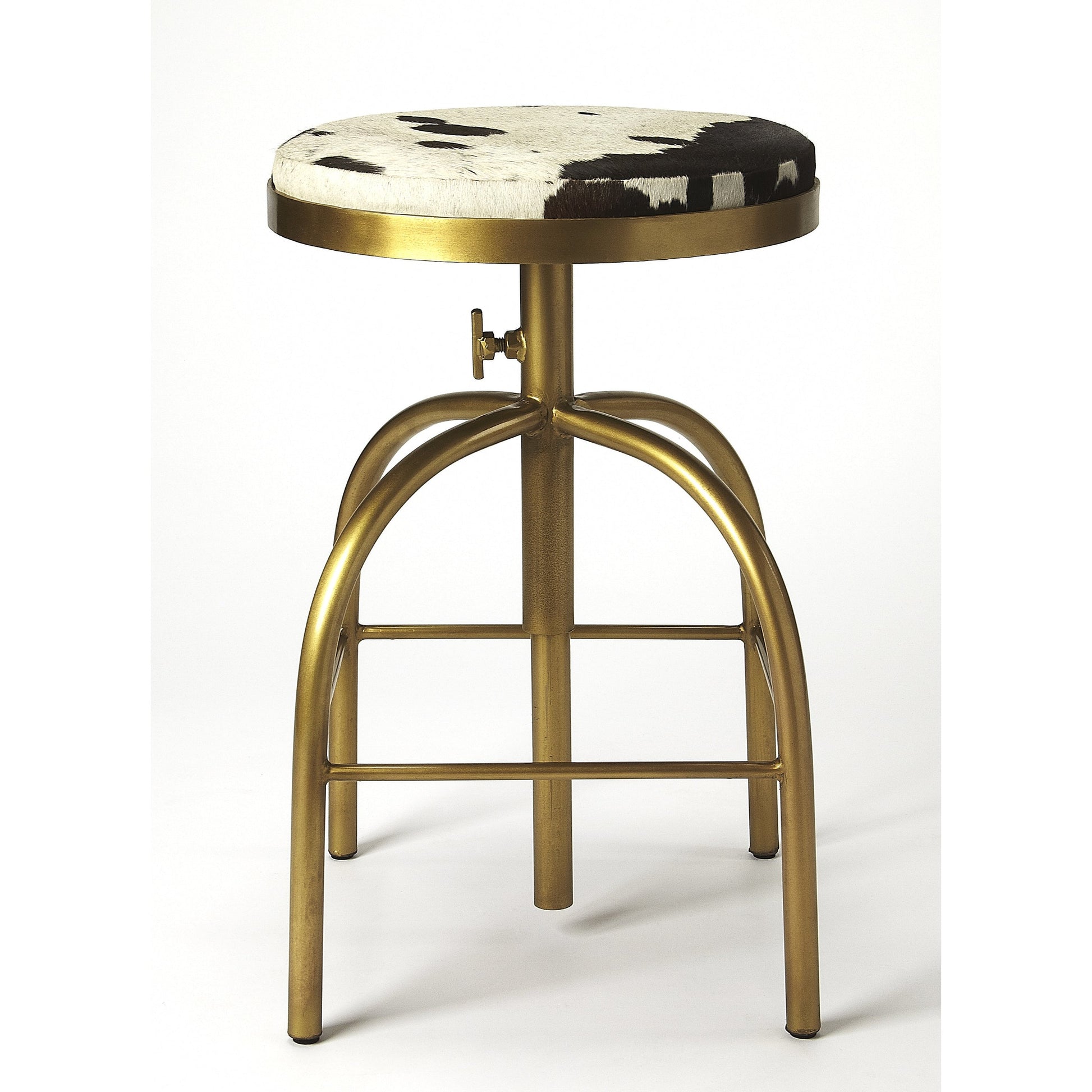 Grogan Hair-On-Hide Barstool by Butler Specialty Company in multi-color and hair-on-hide. Made from iron (gold finish), hair-on-hide, urethane foam (1.75lb. density) in a rustic style.