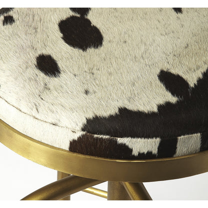 Grogan Hair-On-Hide Barstool by Butler Specialty Company in multi-color and hair-on-hide. Made from iron (gold finish), hair-on-hide, urethane foam (1.75lb. density) in a rustic style.