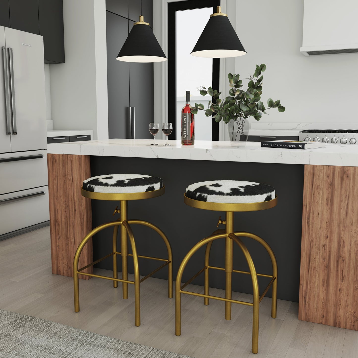 005 S-346251 | Lifestyle | Grogan Hair-On-Hide Barstool by Butler Specialty Company in multi-color and hair-on-hide. Made from iron (gold finish), hair-on-hide, urethane foam (1.75lb. density) in a rustic style.
