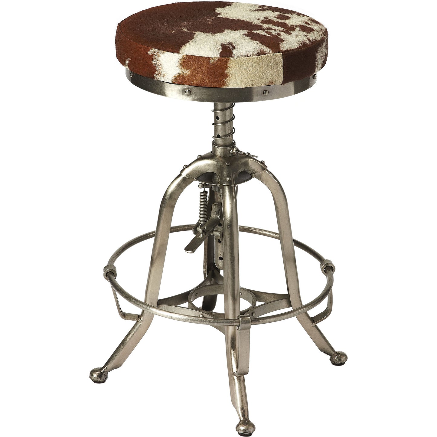 001 S-346195 | Primary Silo | Donovan Hair-On-Hide Barstool by Butler Specialty Company in multi-color and hair-on-hide. Made from iron (silver finish), hair-on-hide, urethane foam (1.75lb. density) in a modern style.