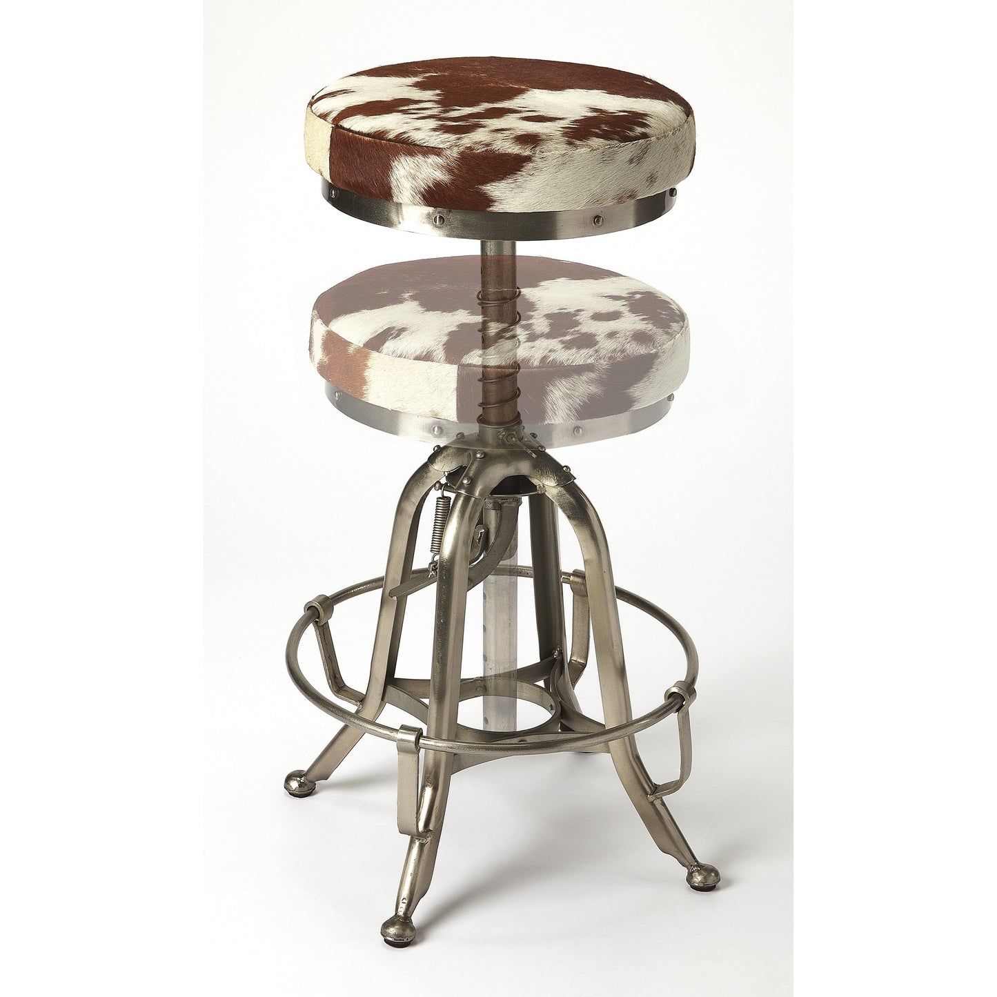 003 S-346195 | Additional Silo | Donovan Hair-On-Hide Barstool by Butler Specialty Company in multi-color and hair-on-hide. Made from iron (silver finish), hair-on-hide, urethane foam (1.75lb. density) in a modern style.