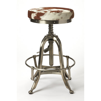 Donovan Hair-On-Hide Barstool by Butler Specialty Company in multi-color and hair-on-hide. Made from iron (silver finish), hair-on-hide, urethane foam (1.75lb. density) in a modern style.