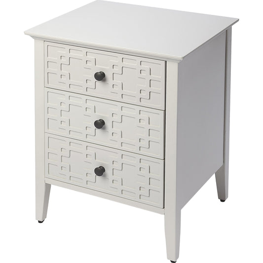 Kinsley Glossy White Accent Chest by Butler Specialty Company in off white and glossy white. Made from bayur wood solids, mdf, pewter finished steel hardware in a transitional style.