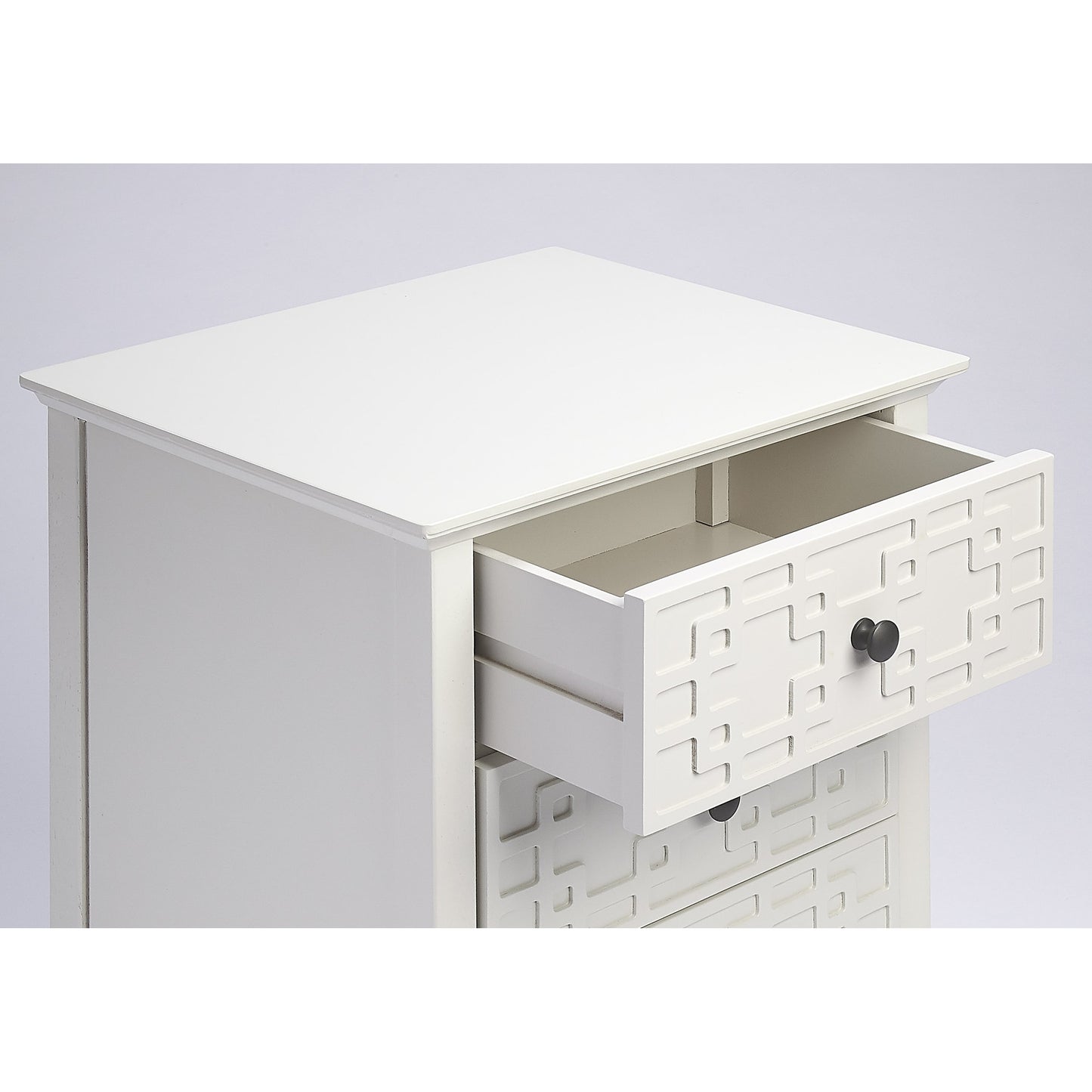002 S-346275 | Additional Silo | Kinsley Glossy White Accent Chest by Butler Specialty Company in off white and glossy white. Made from bayur wood solids, mdf, pewter finished steel hardware in a transitional style.