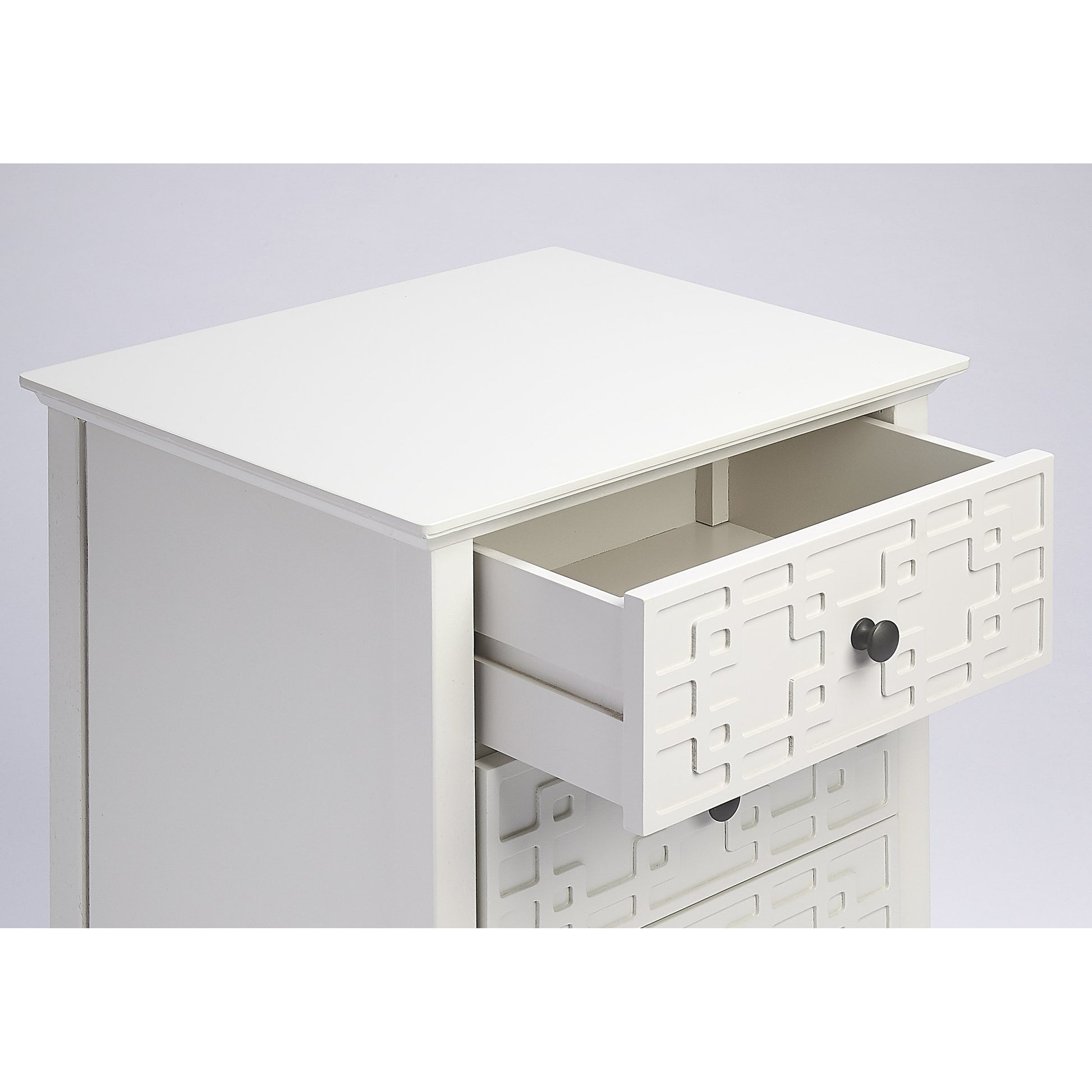 Kinsley Glossy White Accent Chest by Butler Specialty Company in off white and glossy white. Made from bayur wood solids, mdf, pewter finished steel hardware in a transitional style.