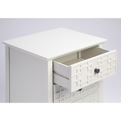 Kinsley Glossy White Accent Chest by Butler Specialty Company in off white and glossy white. Made from bayur wood solids, mdf, pewter finished steel hardware in a transitional style.