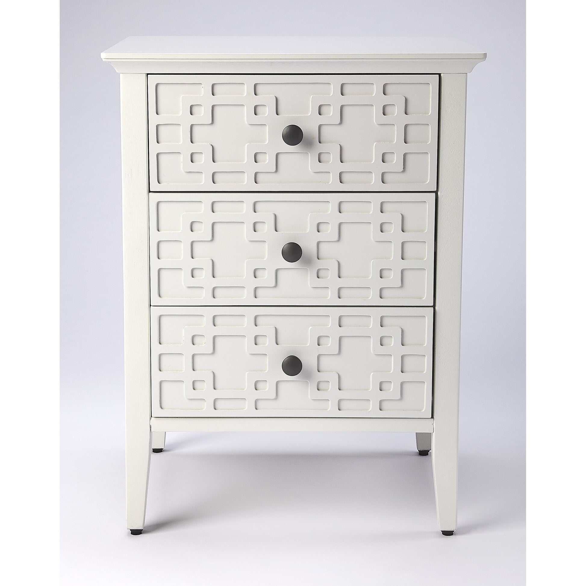 Kinsley Glossy White Accent Chest by Butler Specialty Company in off white and glossy white. Made from bayur wood solids, mdf, pewter finished steel hardware in a transitional style.