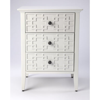 Kinsley Glossy White Accent Chest by Butler Specialty Company in off white and glossy white. Made from bayur wood solids, mdf, pewter finished steel hardware in a transitional style.