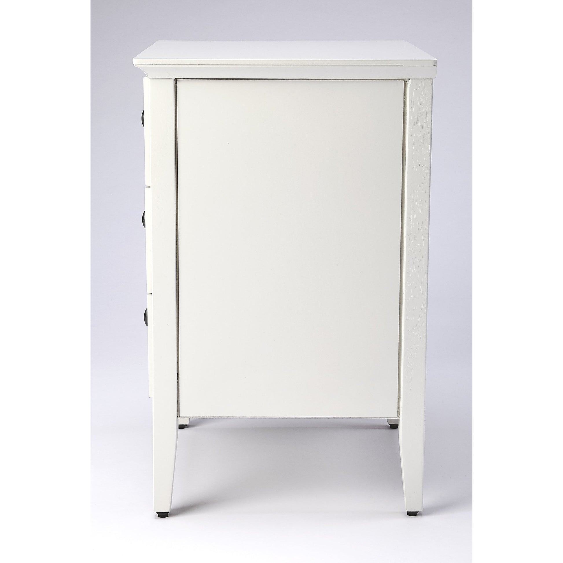 Kinsley Glossy White Accent Chest by Butler Specialty Company in off white and glossy white. Made from bayur wood solids, mdf, pewter finished steel hardware in a transitional style.