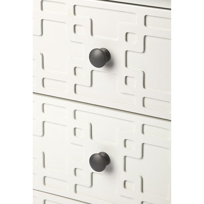 Kinsley Glossy White Accent Chest by Butler Specialty Company in off white and glossy white. Made from bayur wood solids, mdf, pewter finished steel hardware in a transitional style.