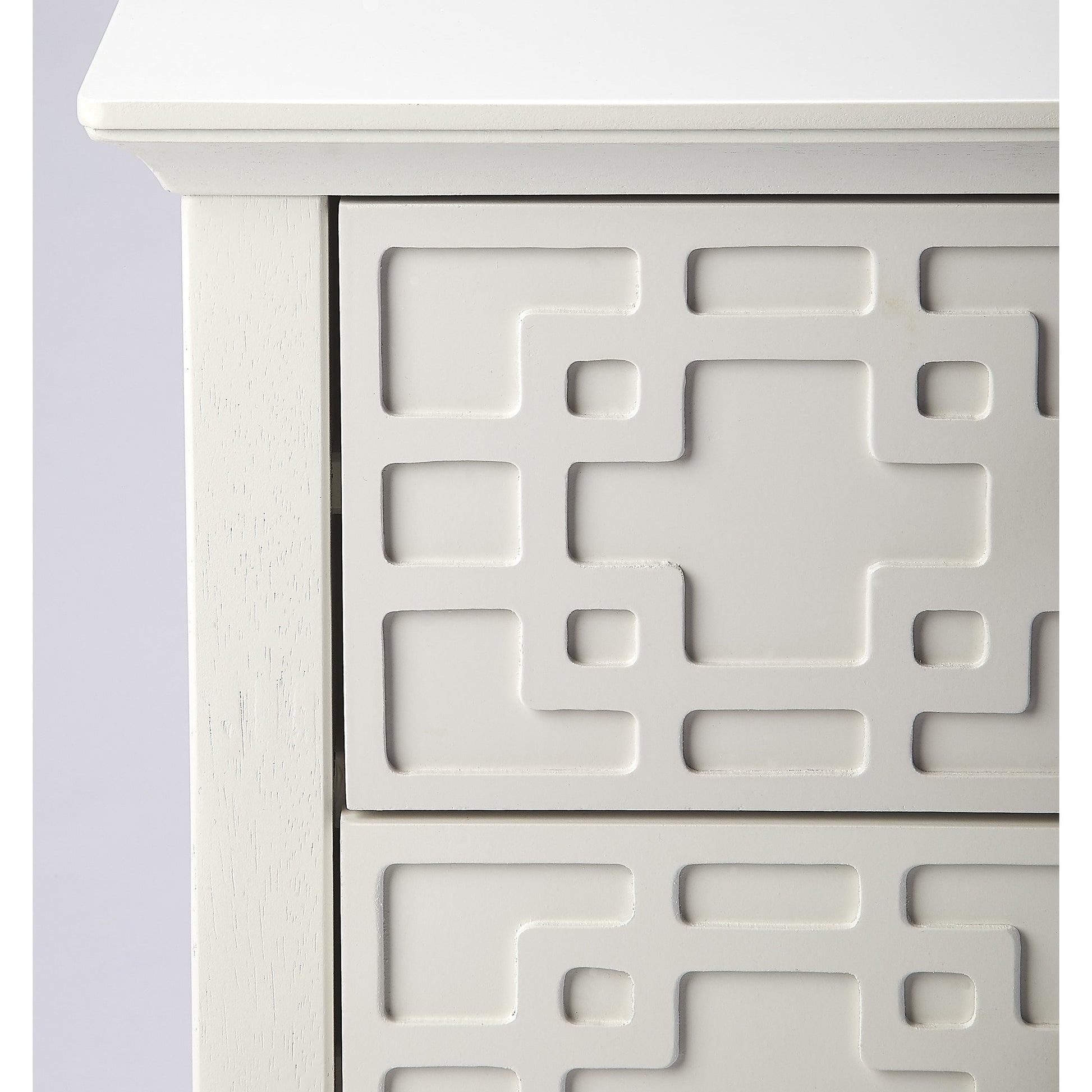 Kinsley Glossy White Accent Chest by Butler Specialty Company in off white and glossy white. Made from bayur wood solids, mdf, pewter finished steel hardware in a transitional style.
