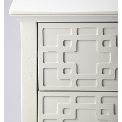 Kinsley Glossy White Accent Chest by Butler Specialty Company in off white and glossy white. Made from bayur wood solids, mdf, pewter finished steel hardware in a transitional style.
