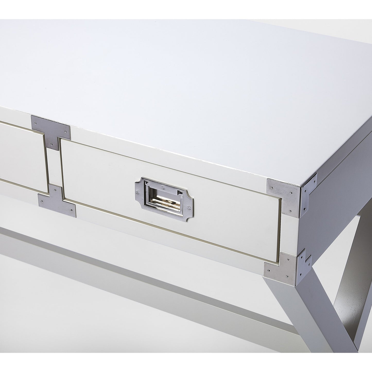 007 S-346147 | Closeup | Anew Campaign Desk by Butler Specialty Company in white and white. Made from rubberwood solids, mdf, hardware: silver finished steel in a modern style.