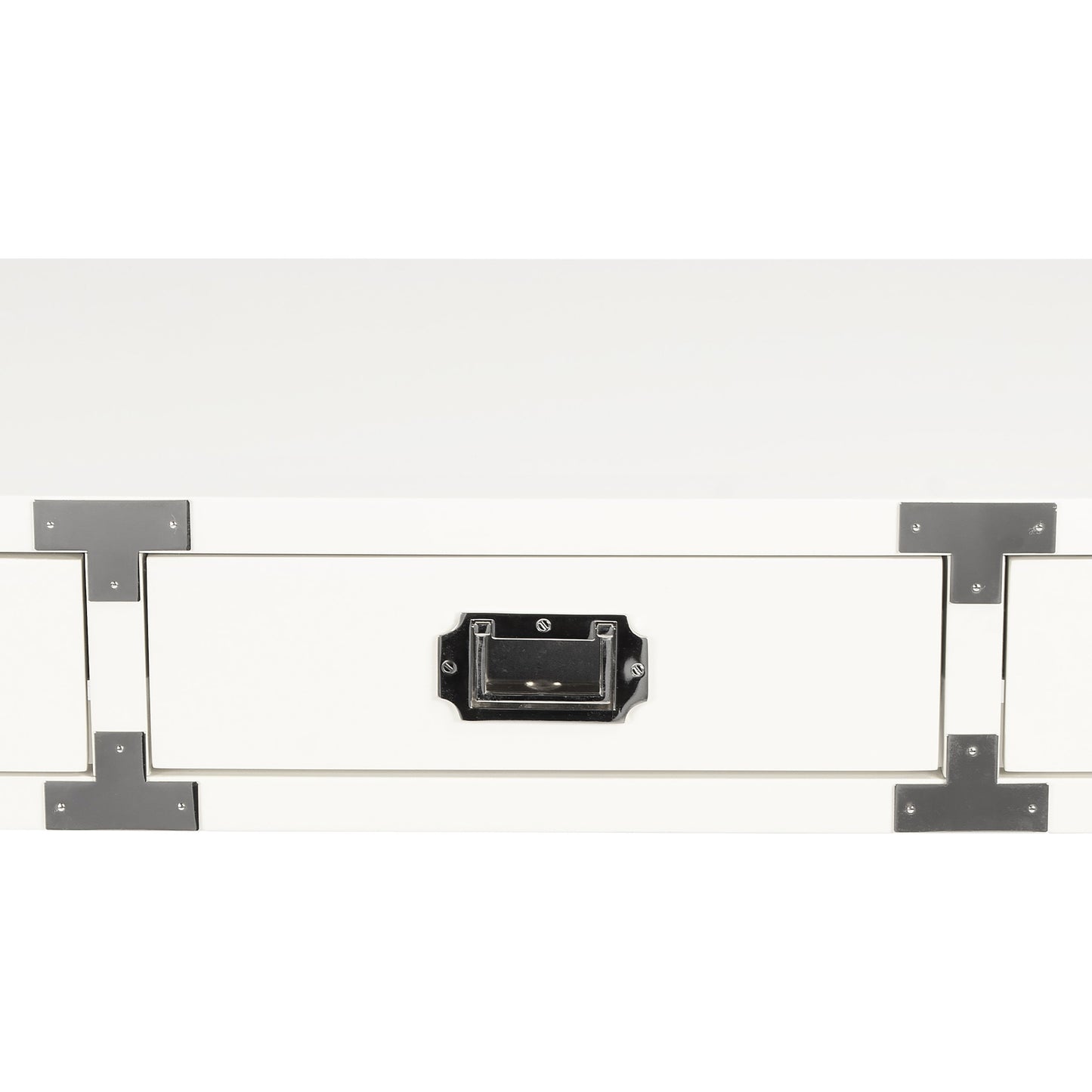 008 S-346147 | Closeup | Anew Campaign Desk by Butler Specialty Company in white and white. Made from rubberwood solids, mdf, hardware: silver finished steel in a modern style.