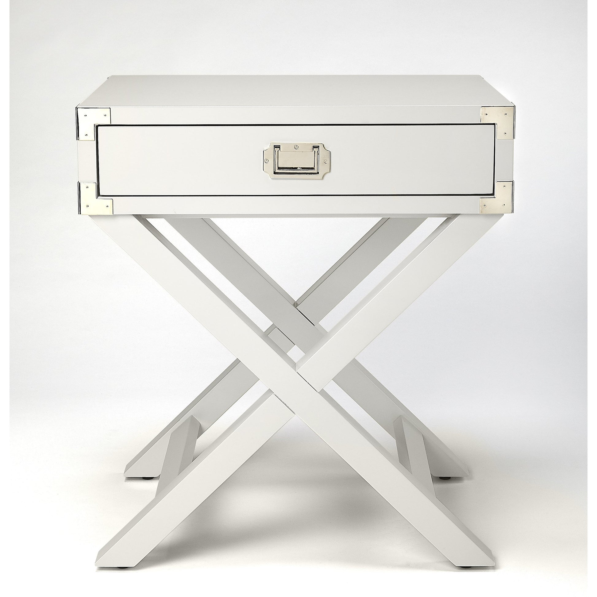 Anew Campaign Side Table by Butler Specialty Company in blue and blue. Made from rubberwood solids, mdf, hardware: silver finished steel in a modern style.
