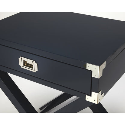 Anew Campaign Side Table by Butler Specialty Company in blue and blue. Made from rubberwood solids, mdf, hardware: silver finished steel in a modern style.