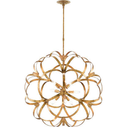Sappho Orb Chandelier by Currey and Company in new gold leaf. Made from wrought iron in a modern style.