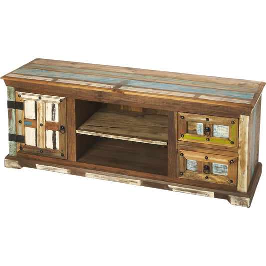 Reverb Painted Rustic Entertainment Console by Butler Specialty Company in multi-color and artifacts. Made from mango, acacia wood solids, antique black finished iron hardware in a coastal style.