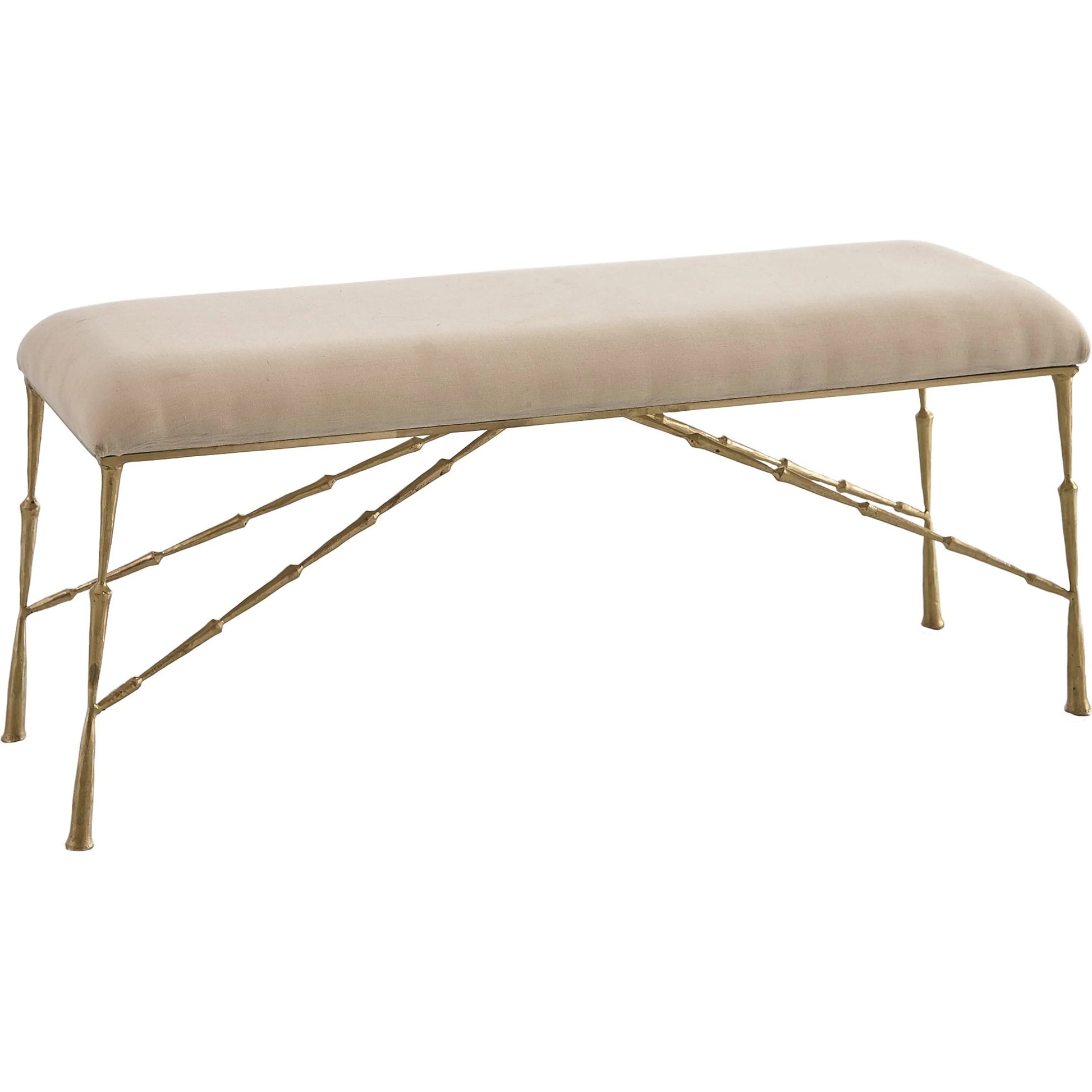 Spike Bench with Muslin Cushion by Global Views in antique brass. Made from iron in a transitional style.