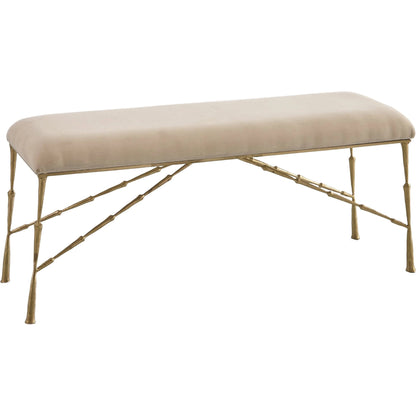 Spike Bench with Muslin Cushion by Global Views in antique brass. Made from iron in a transitional style.